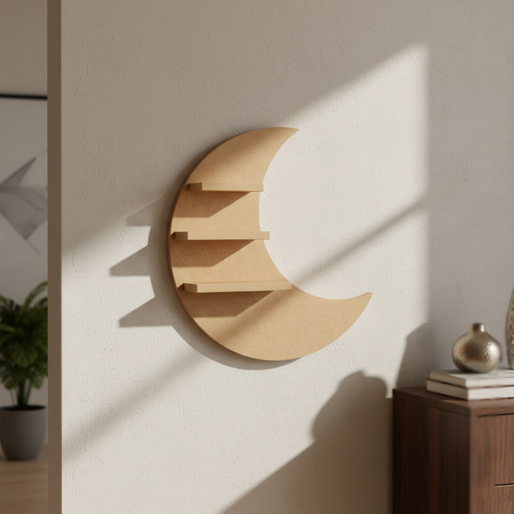 MDF moon wall shelf DIY craft display storage shelf for painting and home decor projects, mounted on wall