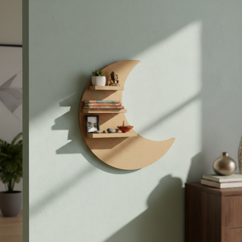 MDF moon wall shelf DIY craft display storage shelf for painting and home decor projects, mounted on wall
