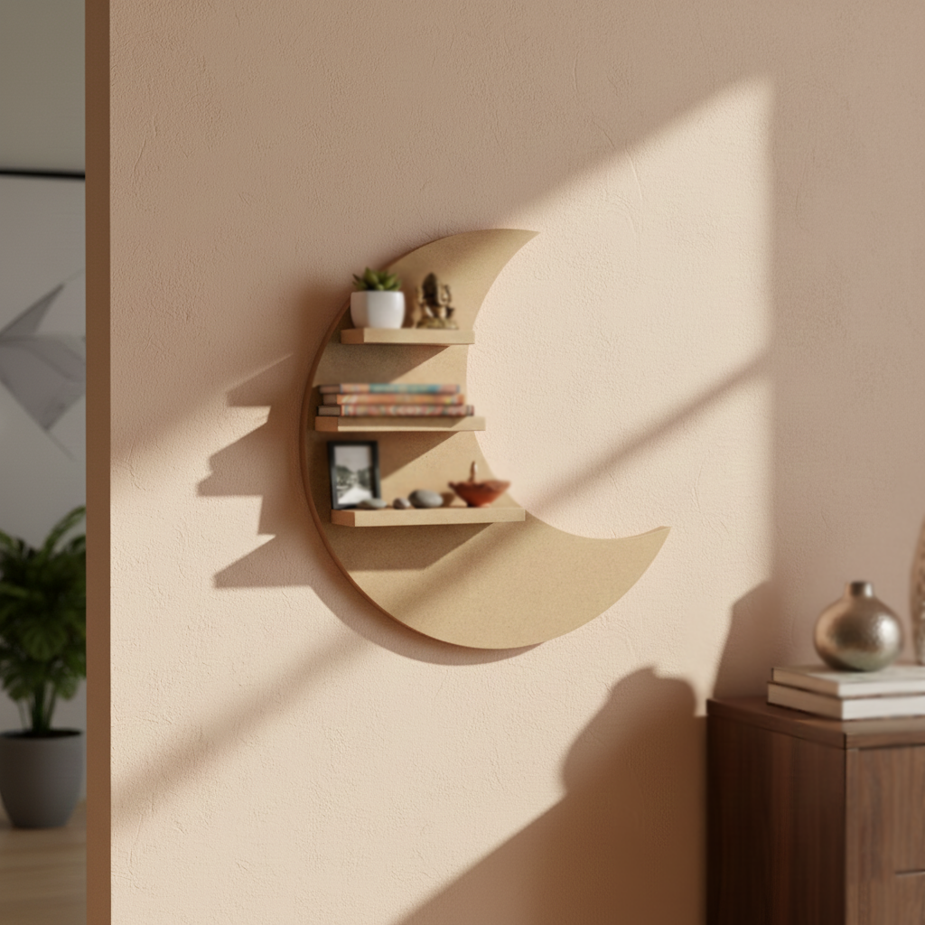 MDF moon wall shelf DIY craft display storage shelf for painting and home decor projects, mounted on wall