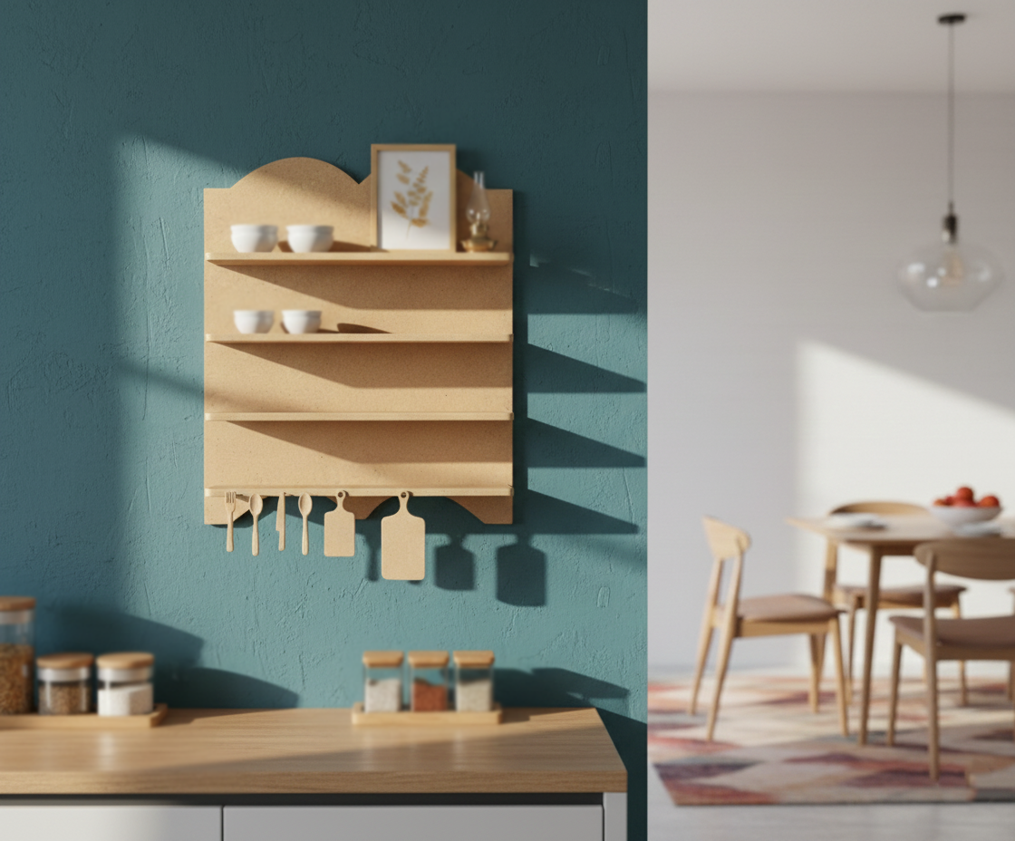 MDF wall shelf organizer design DIY craft storage display unit with multiple tiers and hooks, mounted on wall