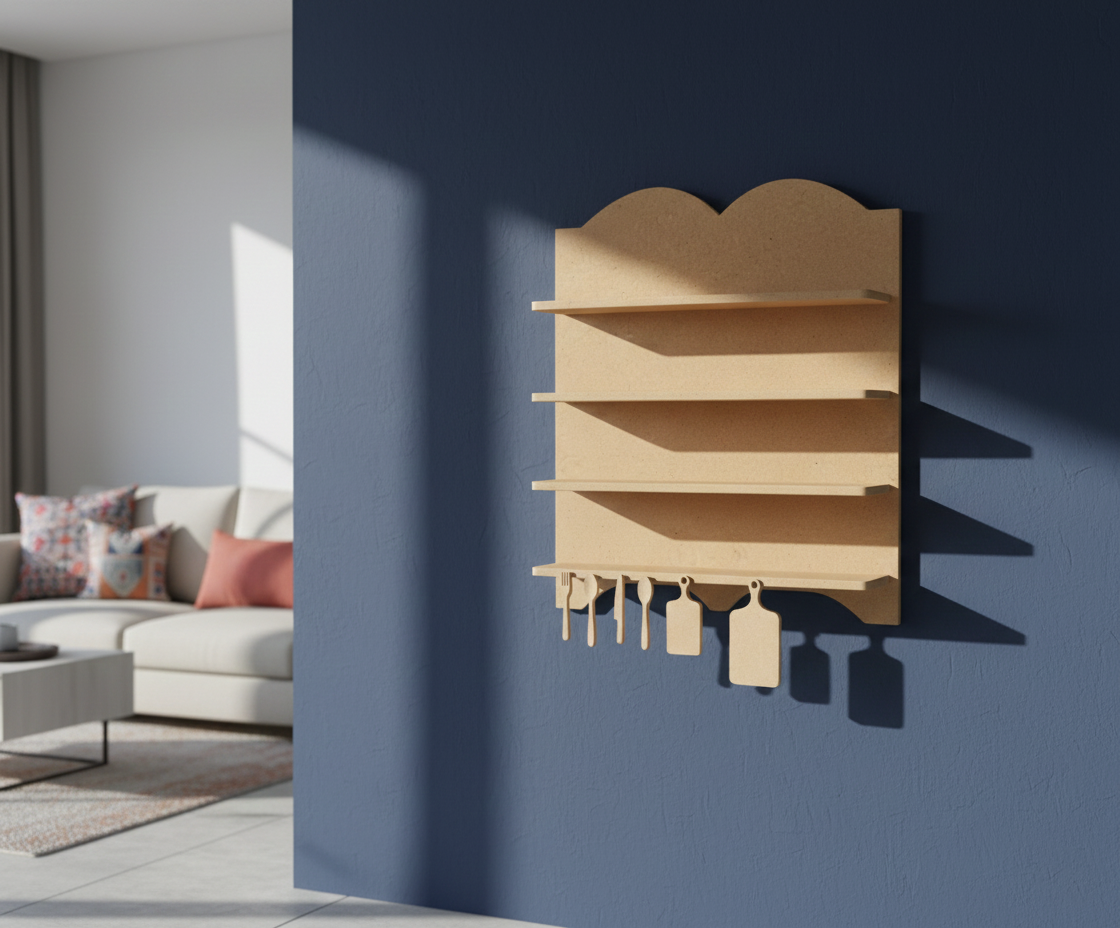 MDF wall shelf organizer design DIY craft storage display unit with multiple tiers and hooks, mounted on wall