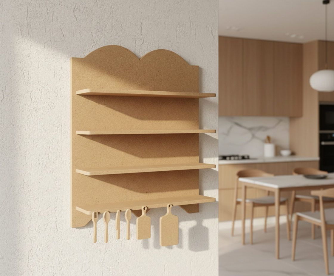 MDF wall shelf organizer design DIY craft storage display unit with multiple tiers and hooks, mounted on wall