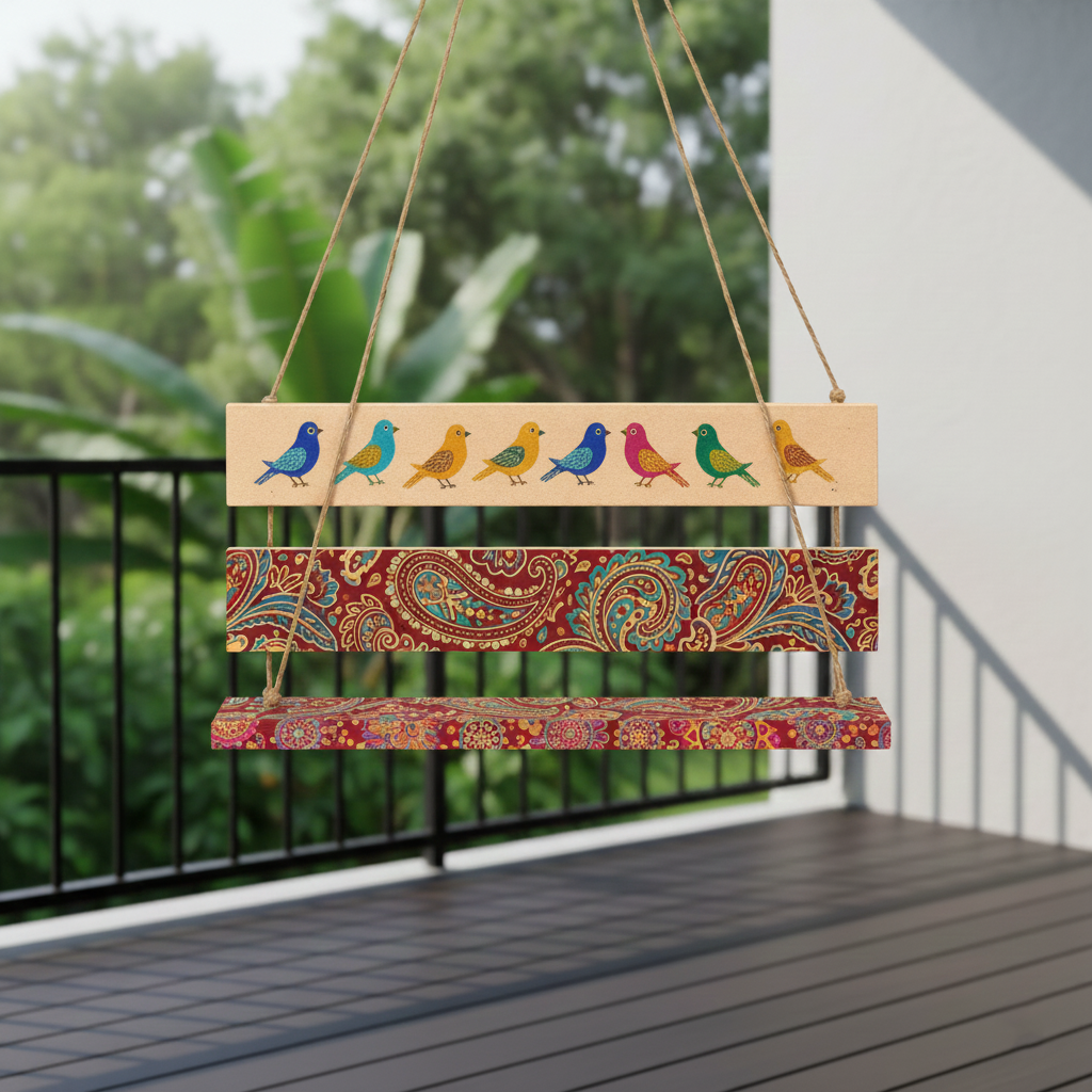 Decorative MDF swing with colorful bird illustrations on a porch