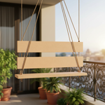 MDF swing hanging on a balcony with plants and a blurred background
