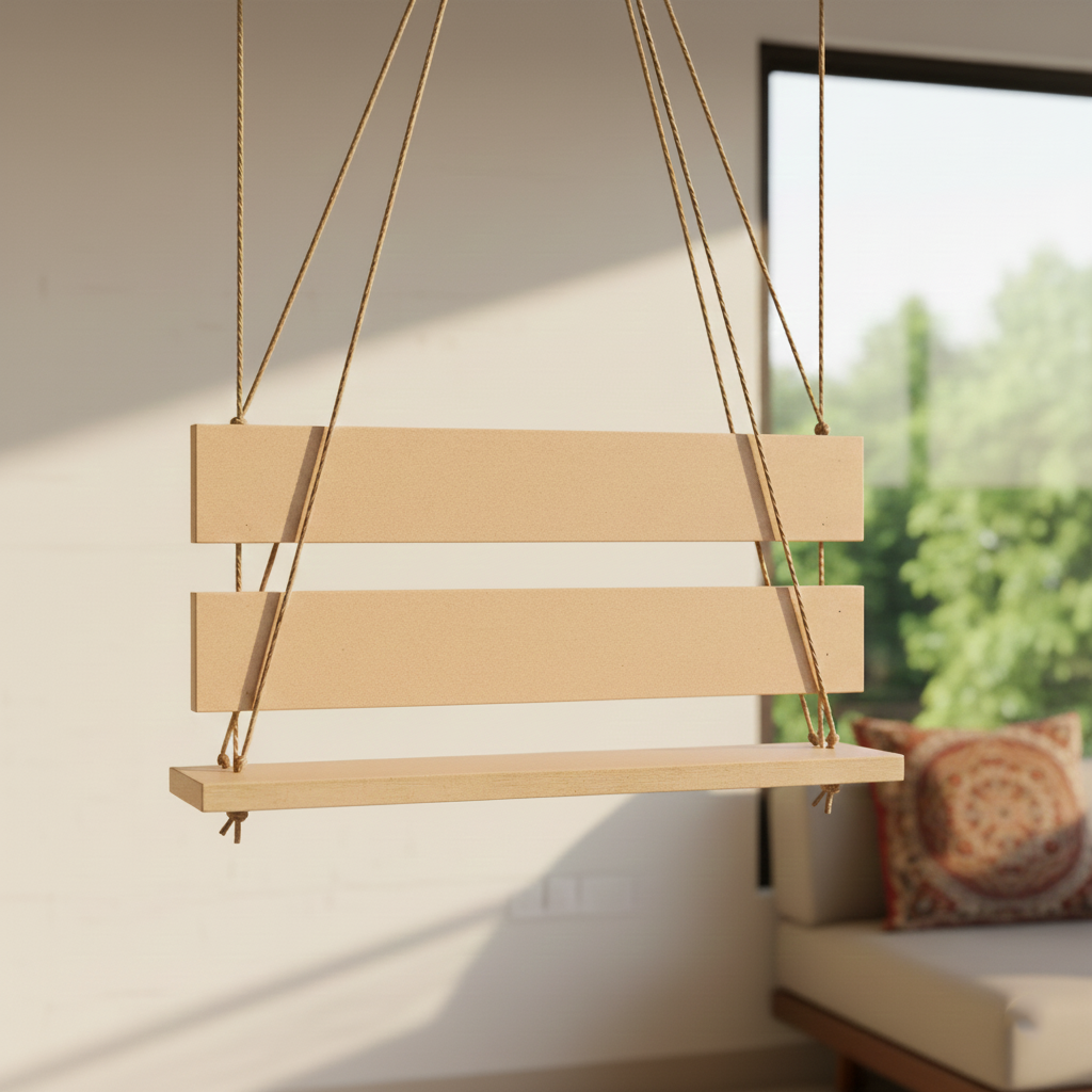 MDF swing hanging against a neutral wall with a blurred outdoor scene in the background.