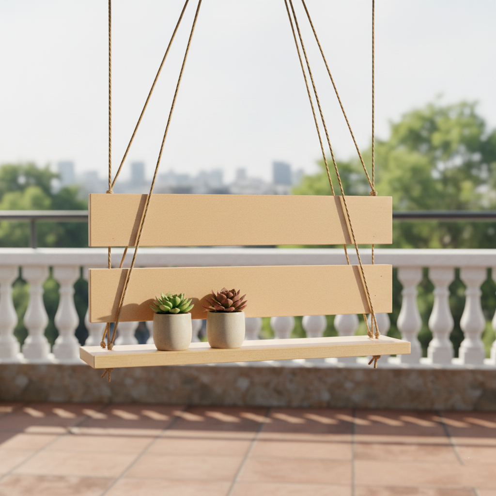 MDF hanging planter with plants on a balcony