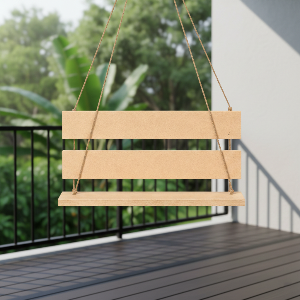MDF swing hanging on a porch with greenery in the background