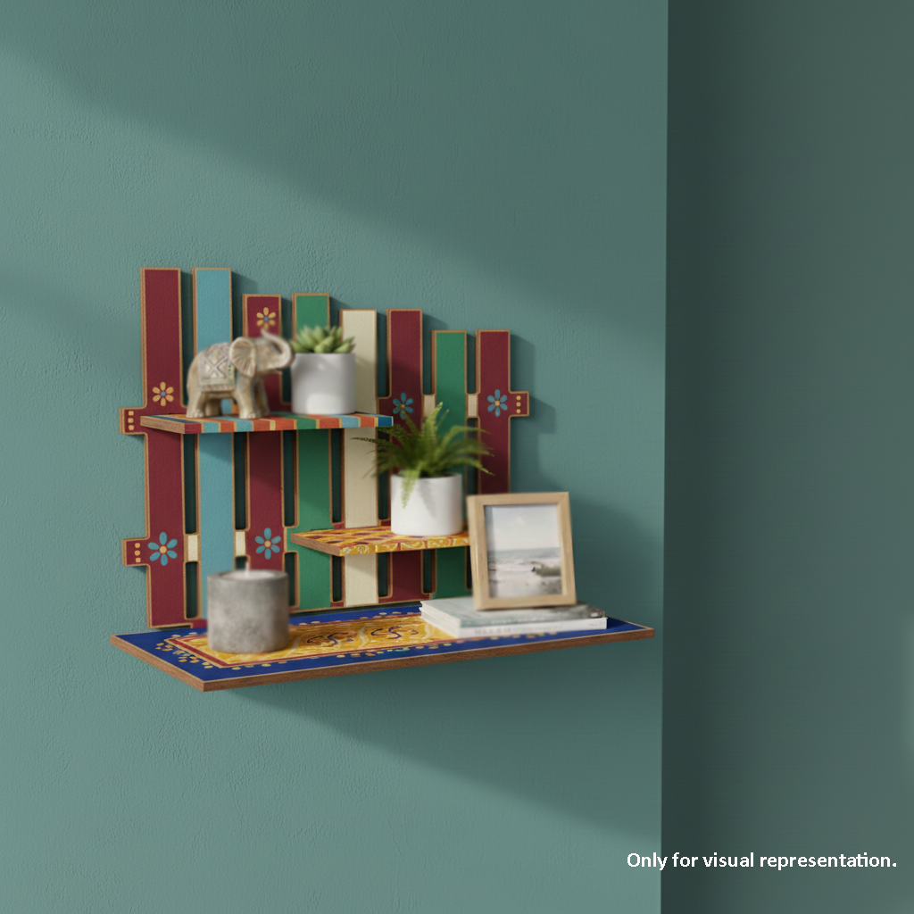 Painted MDF two-tier display shelf stand for DIY decor and organizer use, mounted on wall