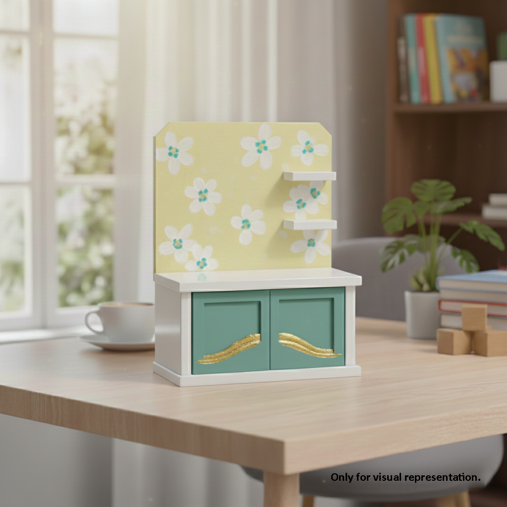 Painted MDF mini cabinet shelf unit with drawers and shelves for DIY decor organizer show on table 