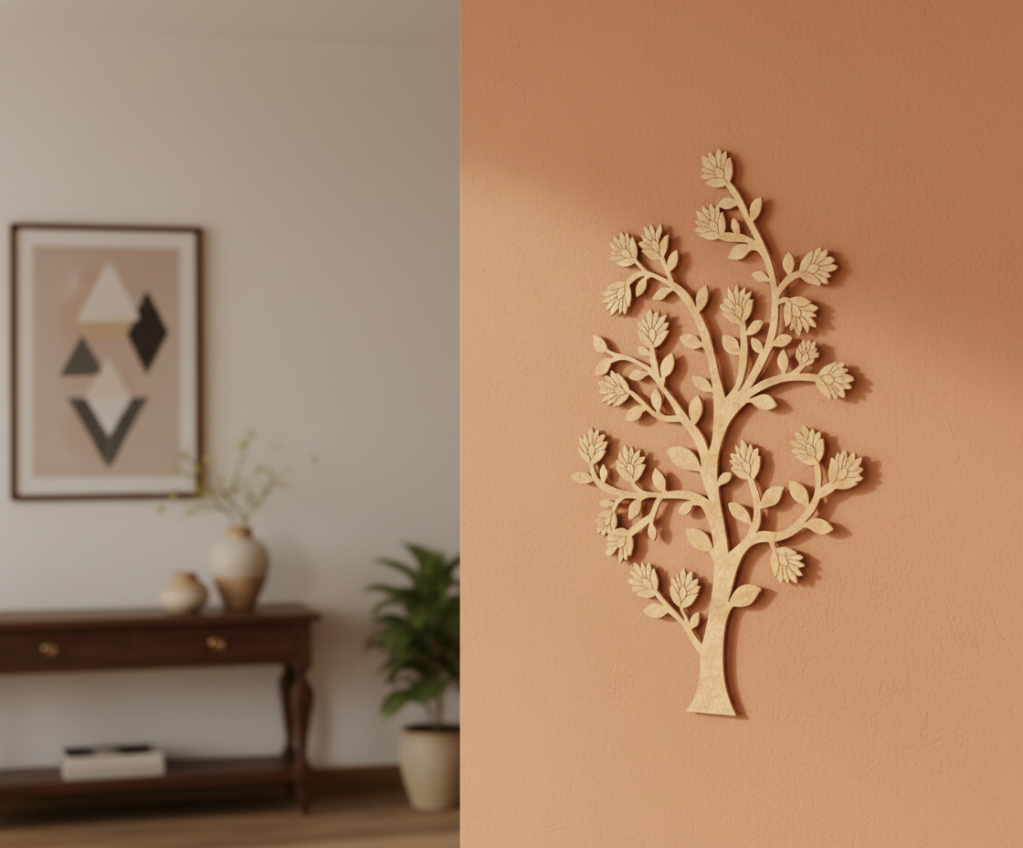 MDF tree wall decor design DIY craft cutout hanging base for painting and customization, mounted on wall