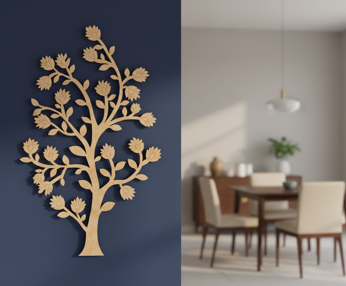 MDF tree wall decor design DIY craft cutout hanging base for painting and customization, mounted on wall