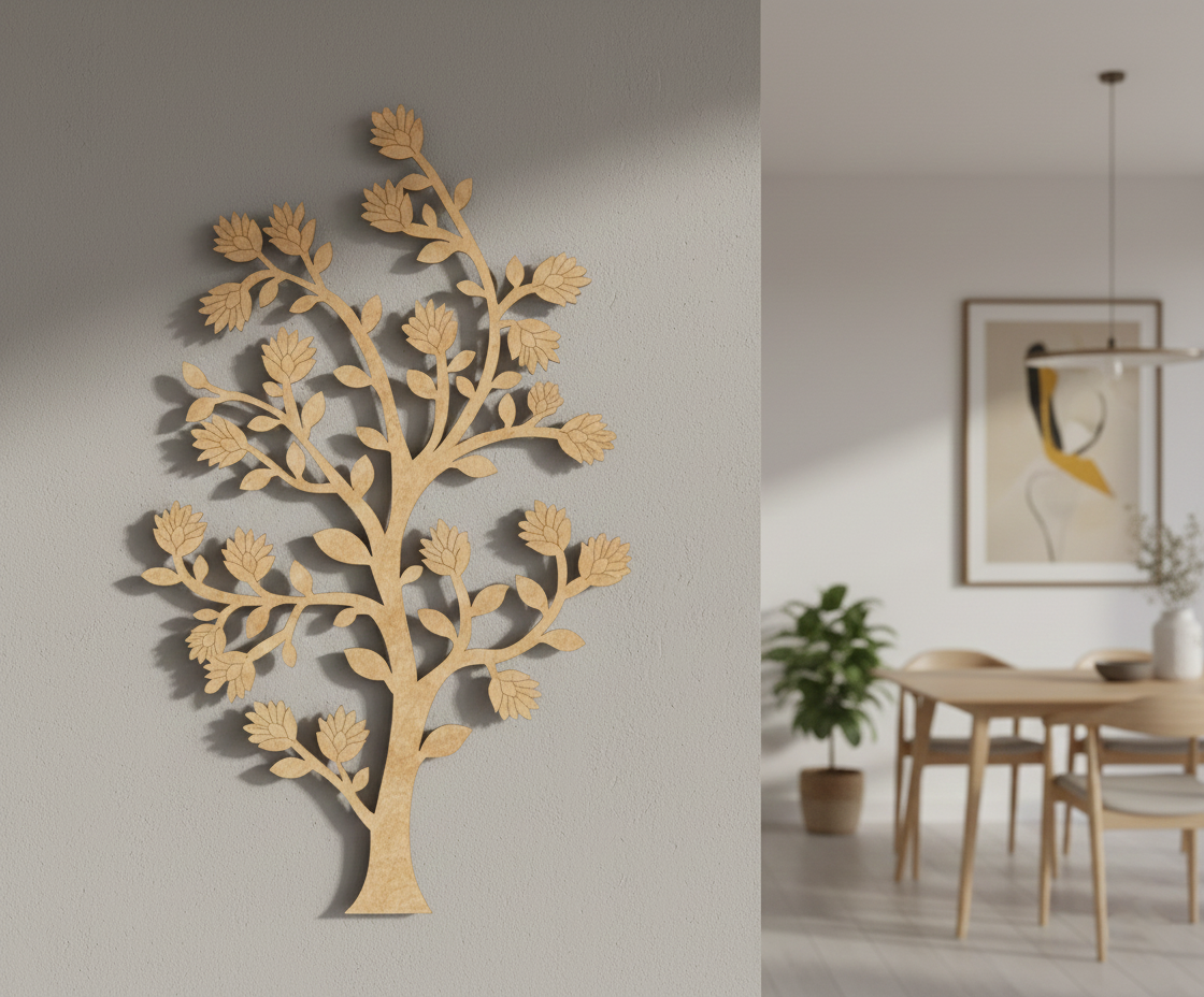 MDF tree wall decor design DIY craft cutout hanging base for painting and customization, mounted on wall