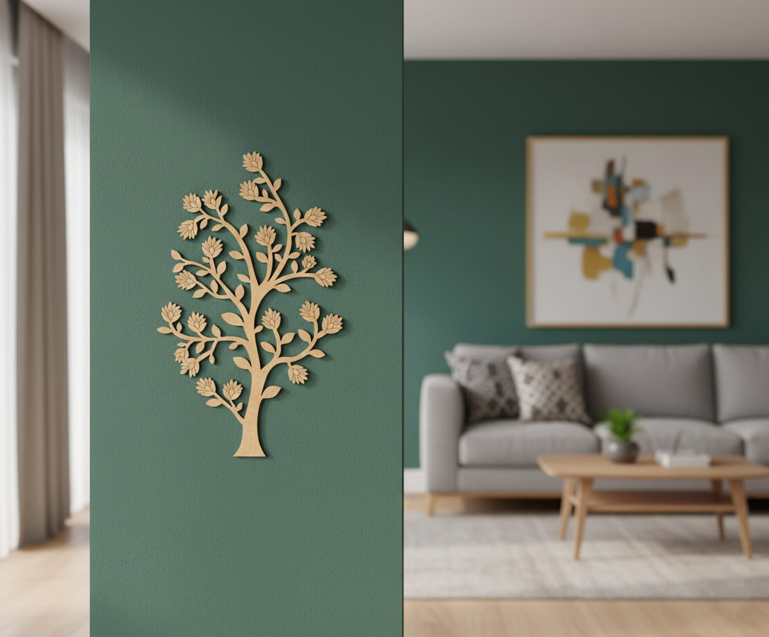 MDF tree wall decor design DIY craft cutout hanging base for painting and customization, mounted on wall