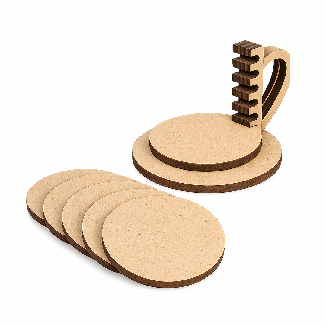 MDF round coaster set with holder stand for DIY decor and craft use