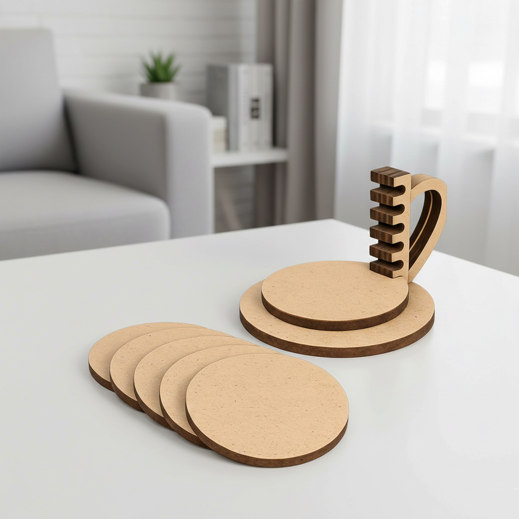 MDF round coaster set with holder stand for DIY decor and craft use show on table 