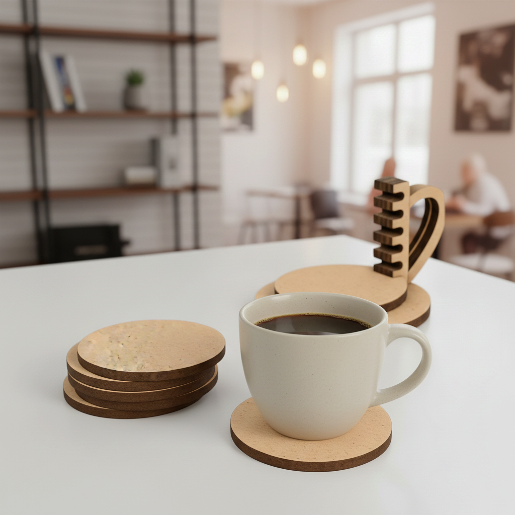 MDF round coaster set with holder stand for DIY decor and craft use