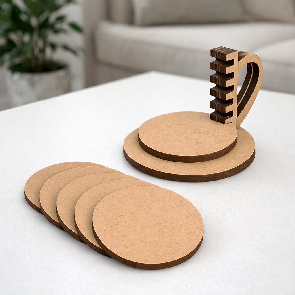 MDF round coaster set with holder stand for DIY decor and craft use show on table 