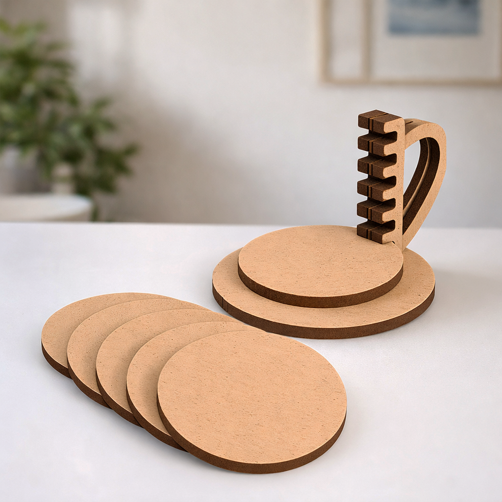 MDF round coaster set with holder stand for DIY decor and craft use show on table 