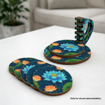 painted MDF round coaster set with holder stand for DIY decor and craft use show on table 