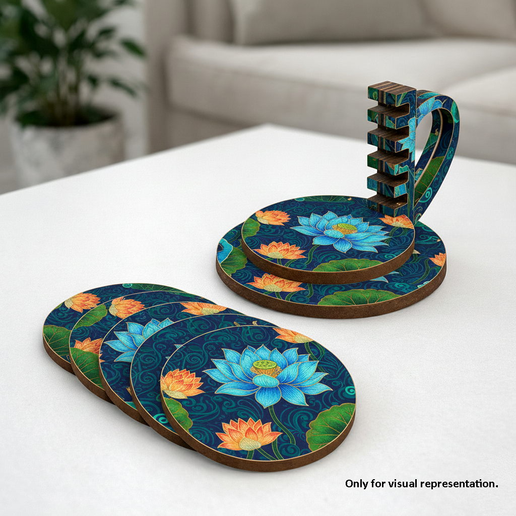 painted MDF round coaster set with holder stand for DIY decor and craft use show on table 