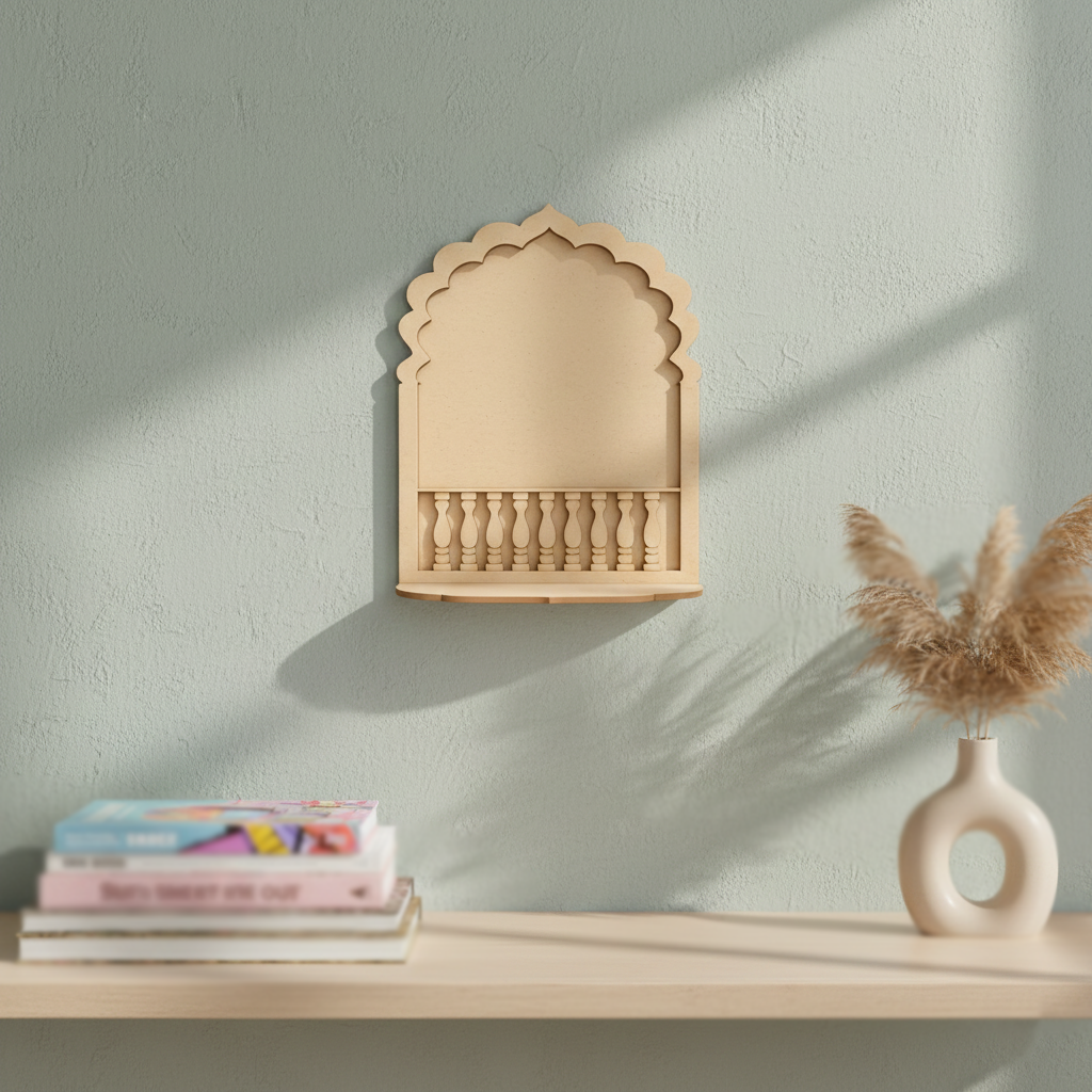 MDF arch window wall shelf for DIY decor painting and temple style craft use mounted on wall