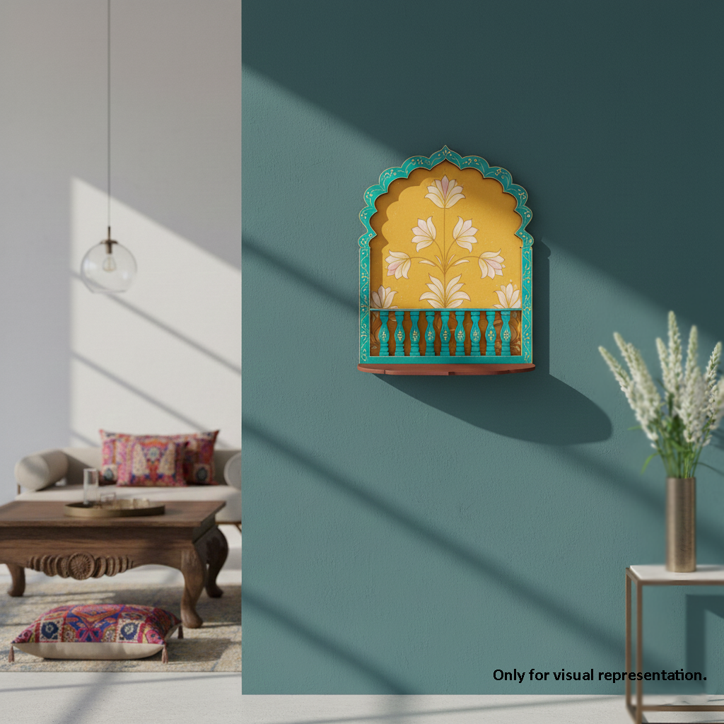 Painted MDF arch window wall shelf for DIY decor painting and temple style craft use mounted on wall