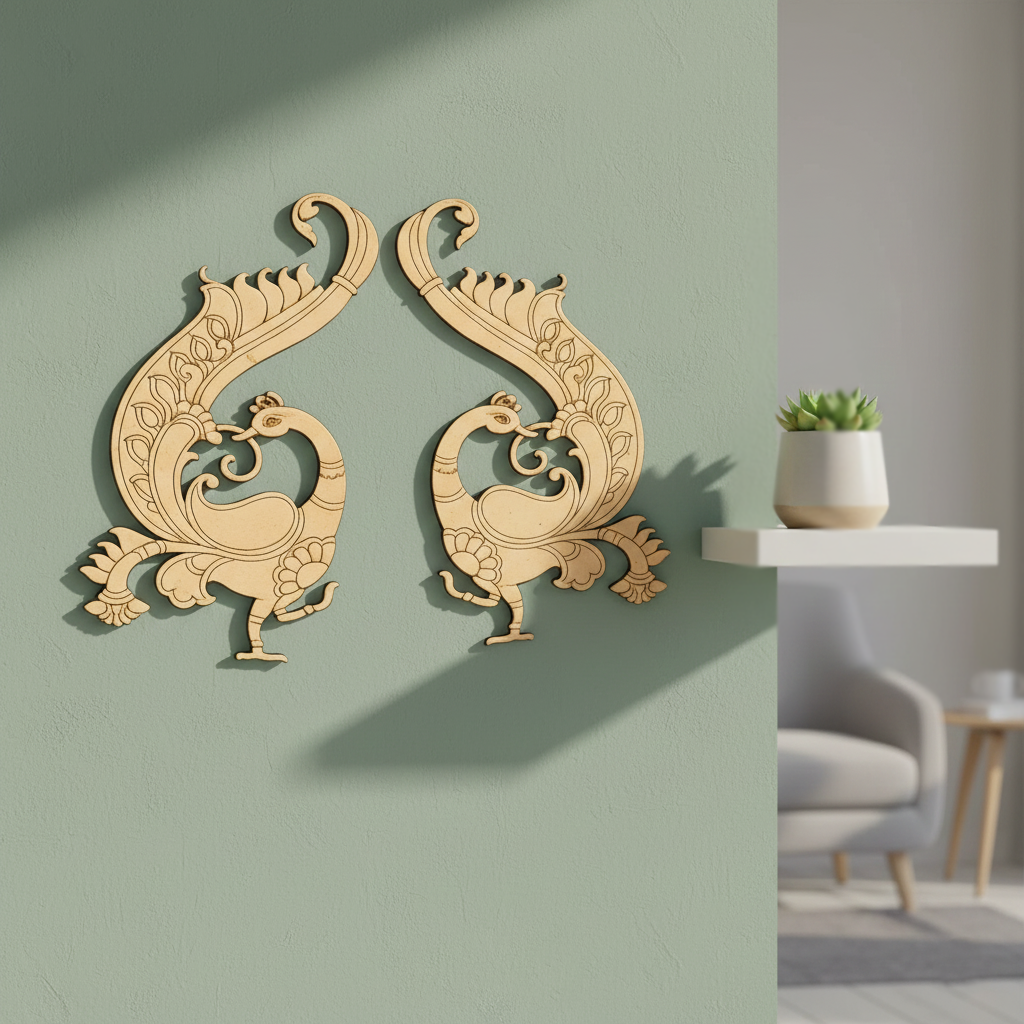 MDF peacock pair wall decor cutout for DIY painting and craft projects, mounted on wall
