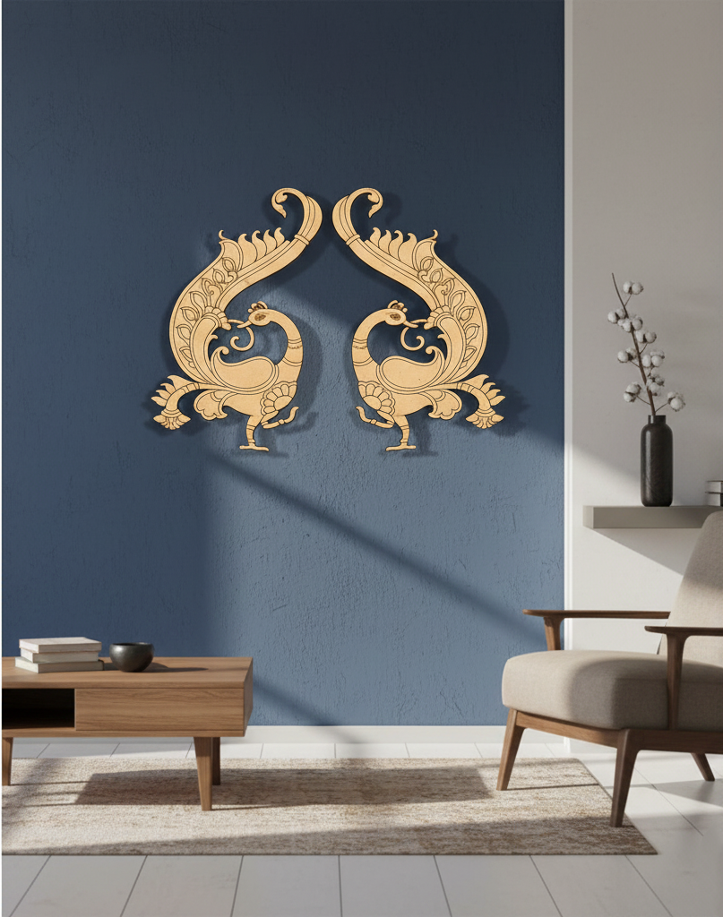 MDF peacock pair wall decor cutout for DIY painting and craft projects, mounted on wall