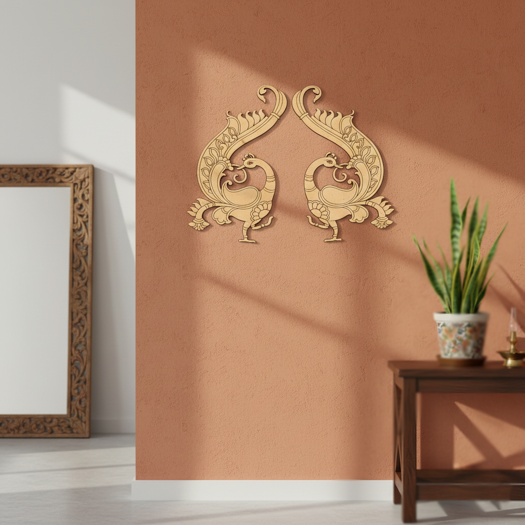 MDF peacock pair wall decor cutout for DIY painting and craft projects, mounted on wall