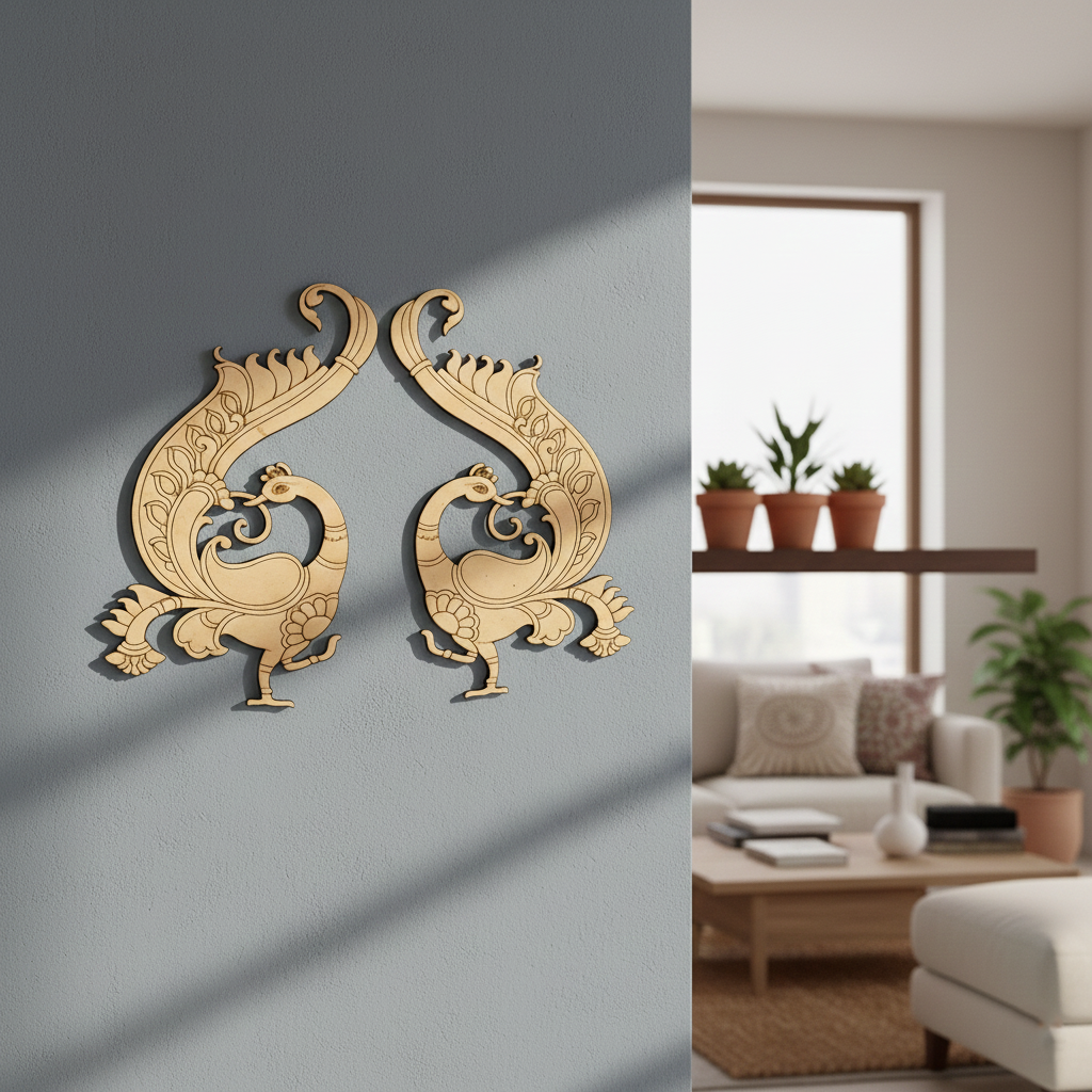 MDF peacock pair wall decor cutout for DIY painting and craft projects, mounted on wall