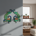 Painted MDF peacock pair wall decor cutout for DIY painting and craft projects, mounted on wall