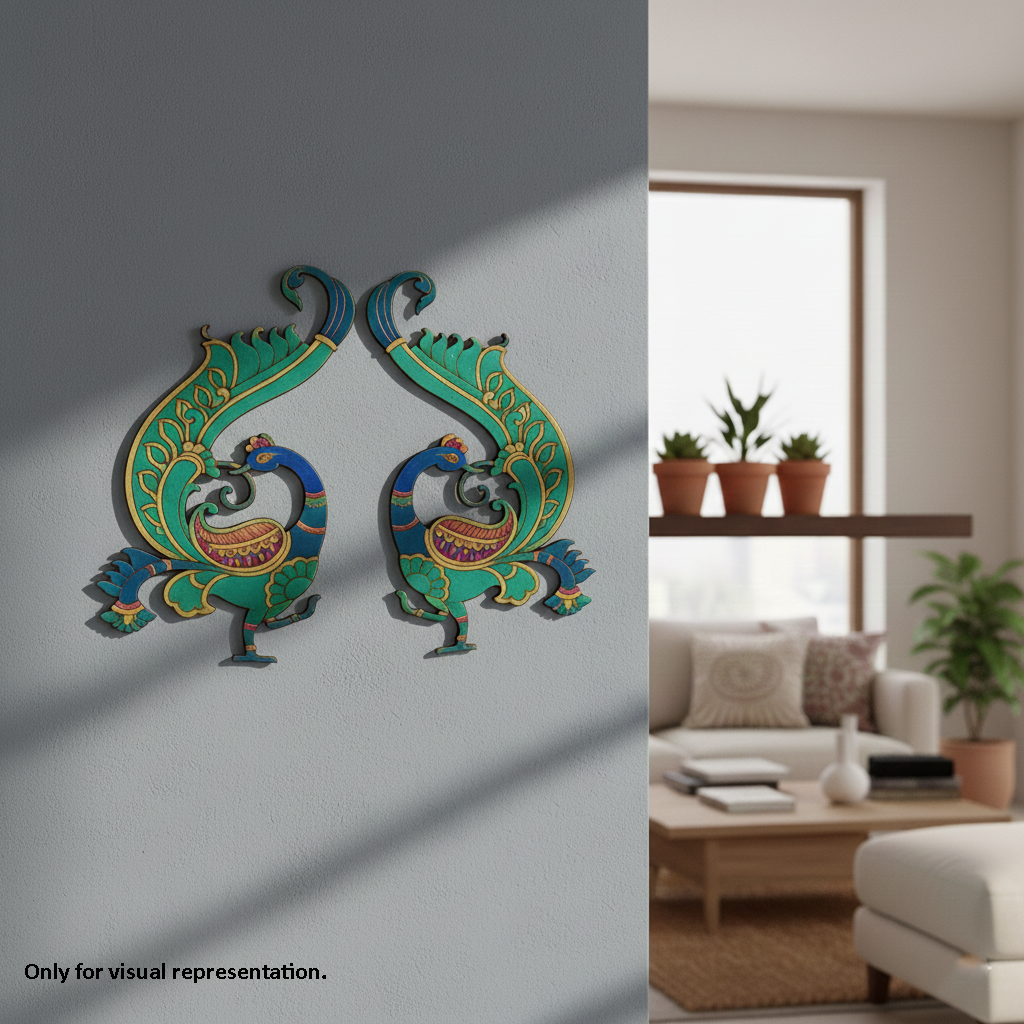 Painted MDF peacock pair wall decor cutout for DIY painting and craft projects, mounted on wall