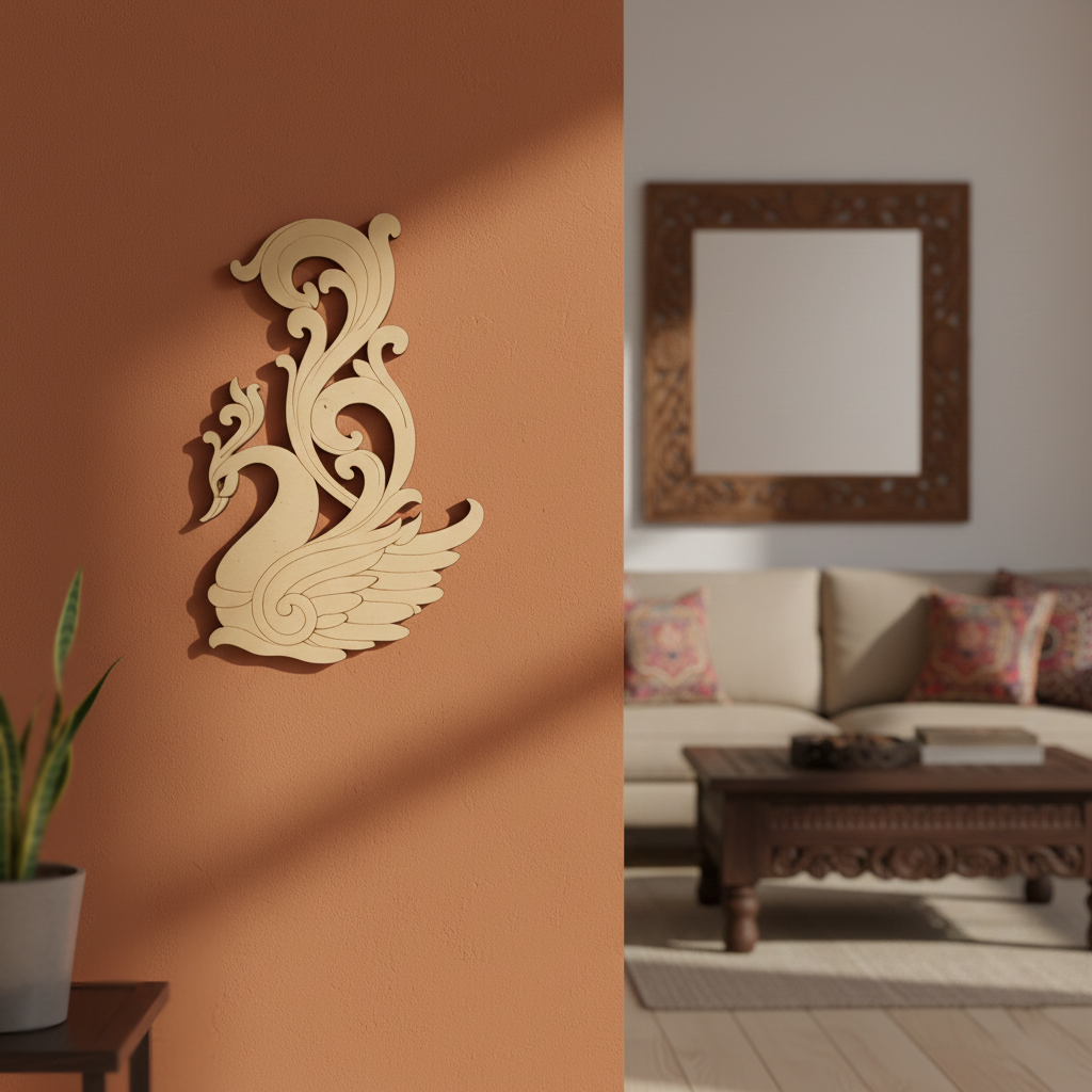 MDF peacock wall decor cutout for DIY painting and traditional craft projects, mounted on wall