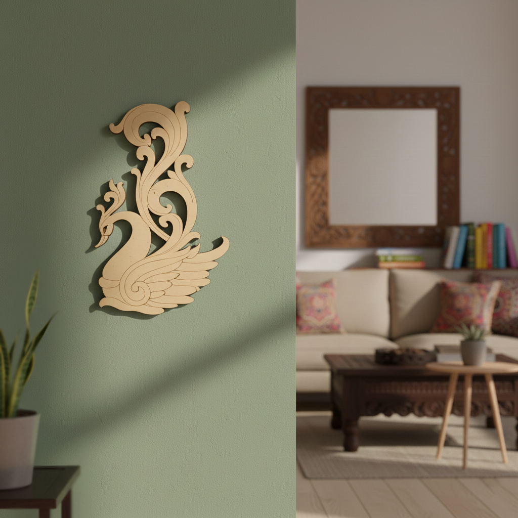 MDF peacock wall decor cutout for DIY painting and traditional craft projects, mounted on wall