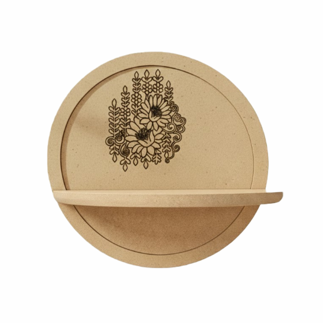 MDF round wall shelf with floral design for DIY decor and craft use