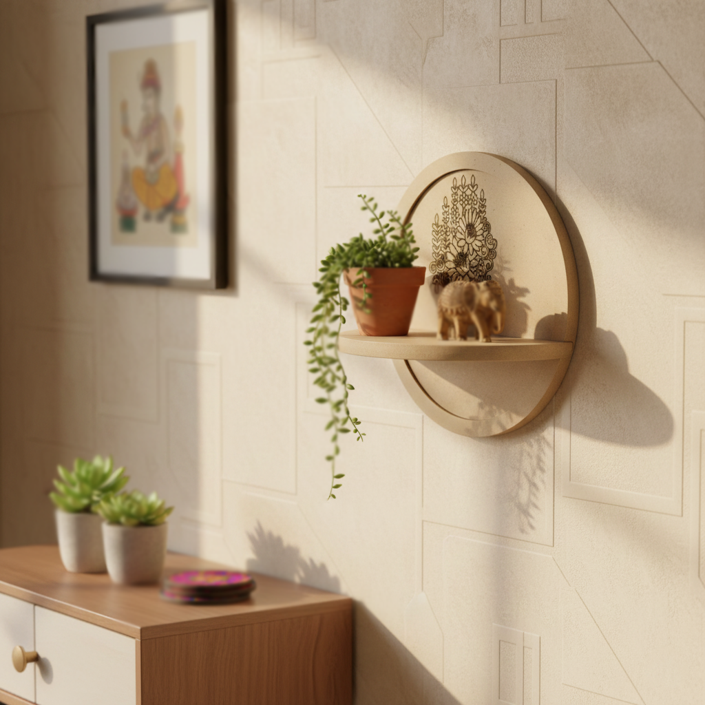 MDF round wall shelf with floral design for DIY decor and craft use, mounted on wall