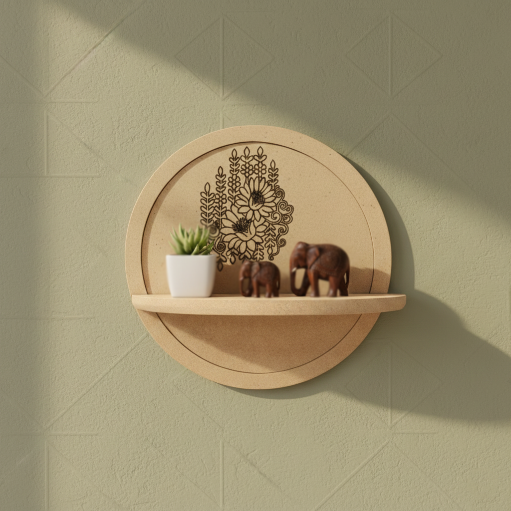 MDF round wall shelf with floral design for DIY decor and craft use, mounted on wall