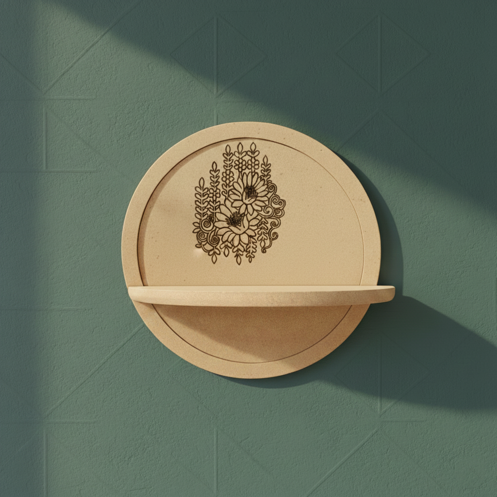 MDF round wall shelf with floral design for DIY decor and craft use, mounted on wall
