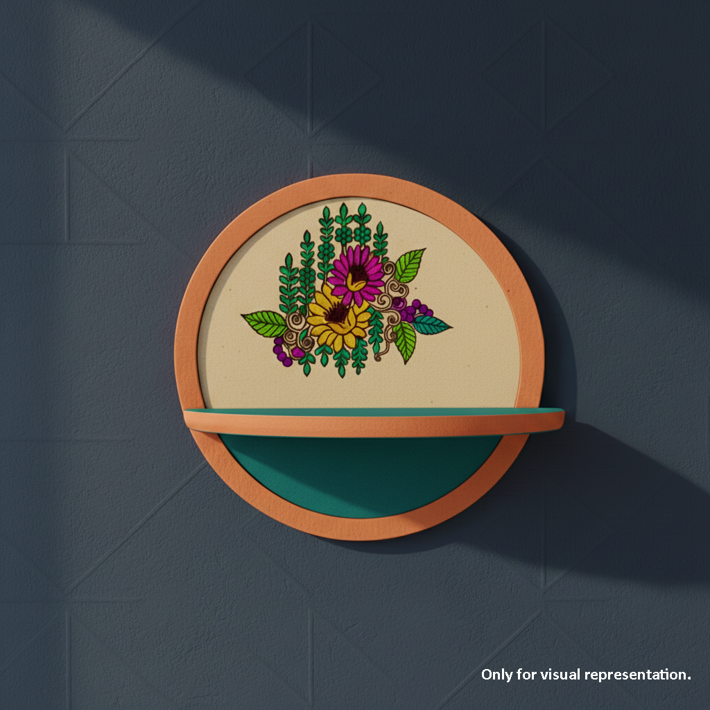 Painted MDF round wall shelf with floral design for DIY decor and craft use, mounted on wall