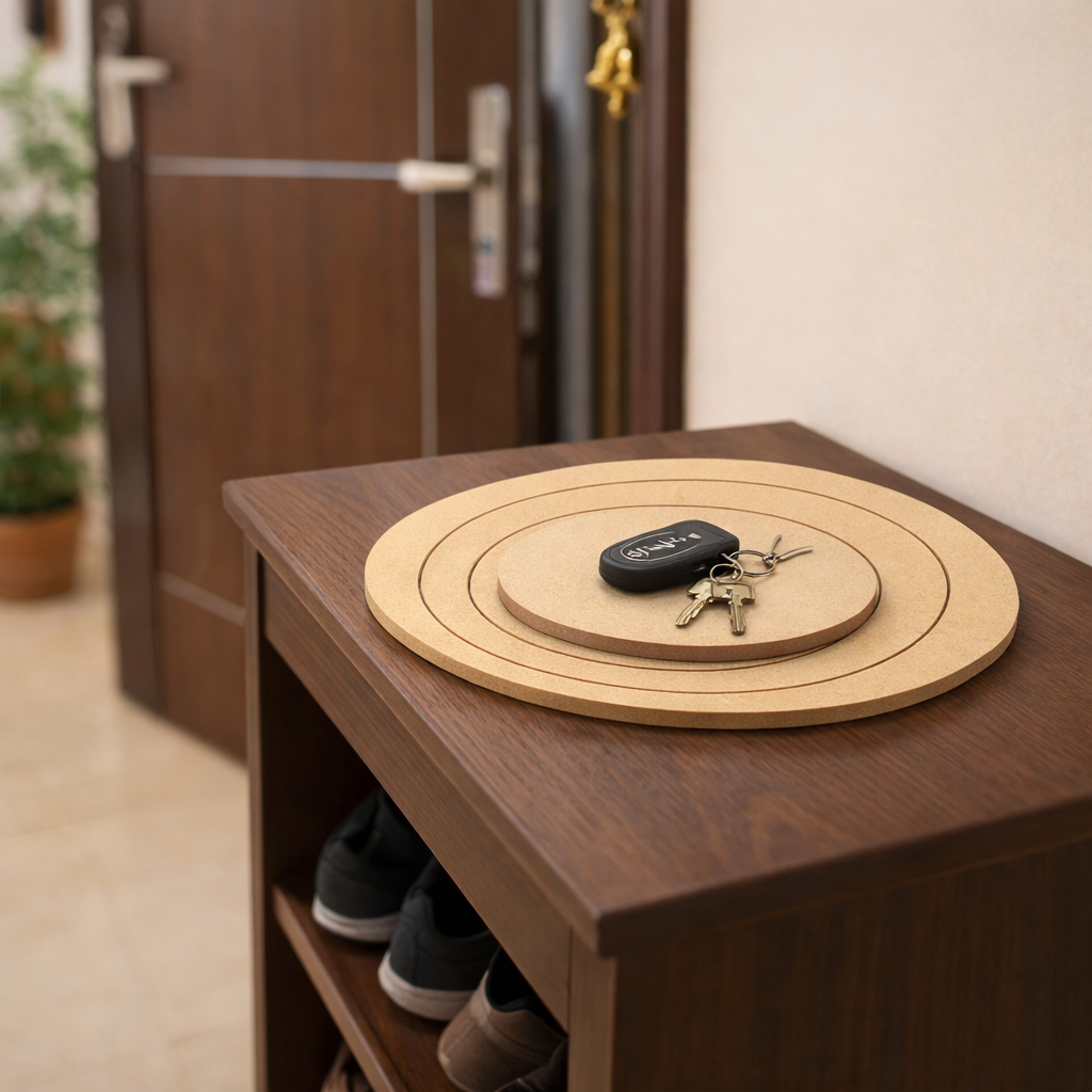 MDF round layered tray used as key holder and DIY decor organizer base on table with holding key  