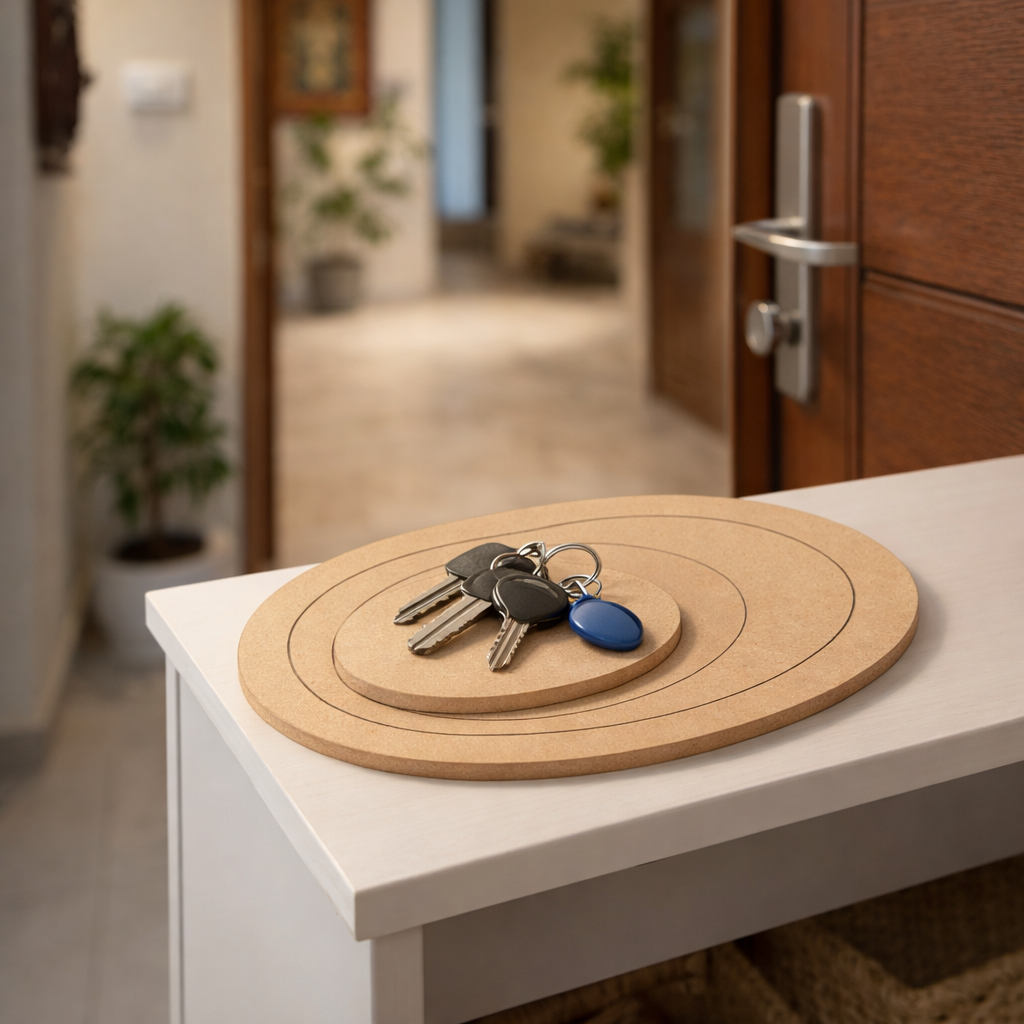 MDF round layered tray used as key holder and DIY decor organizer base on table with holding key  