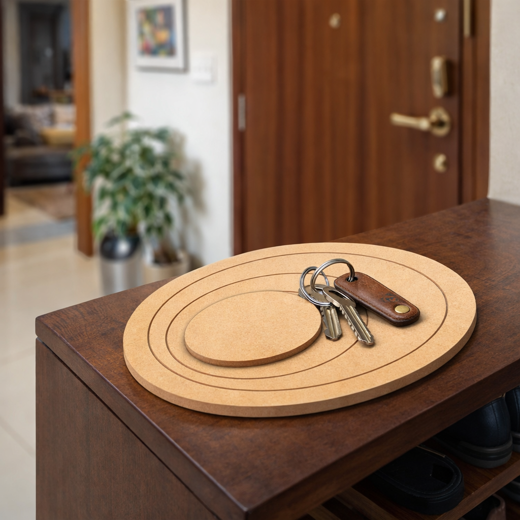 MDF round layered tray used as key holder and DIY decor organizer base on table with holding key  