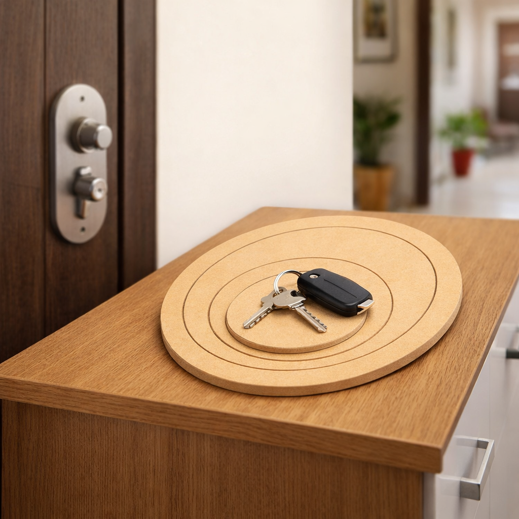 MDF round layered tray used as key holder and DIY decor organizer base on table with holding key  
