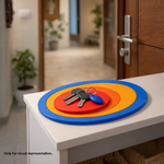 Painted MDF round layered tray used as key holder and DIY decor organizer base on table with holding key  