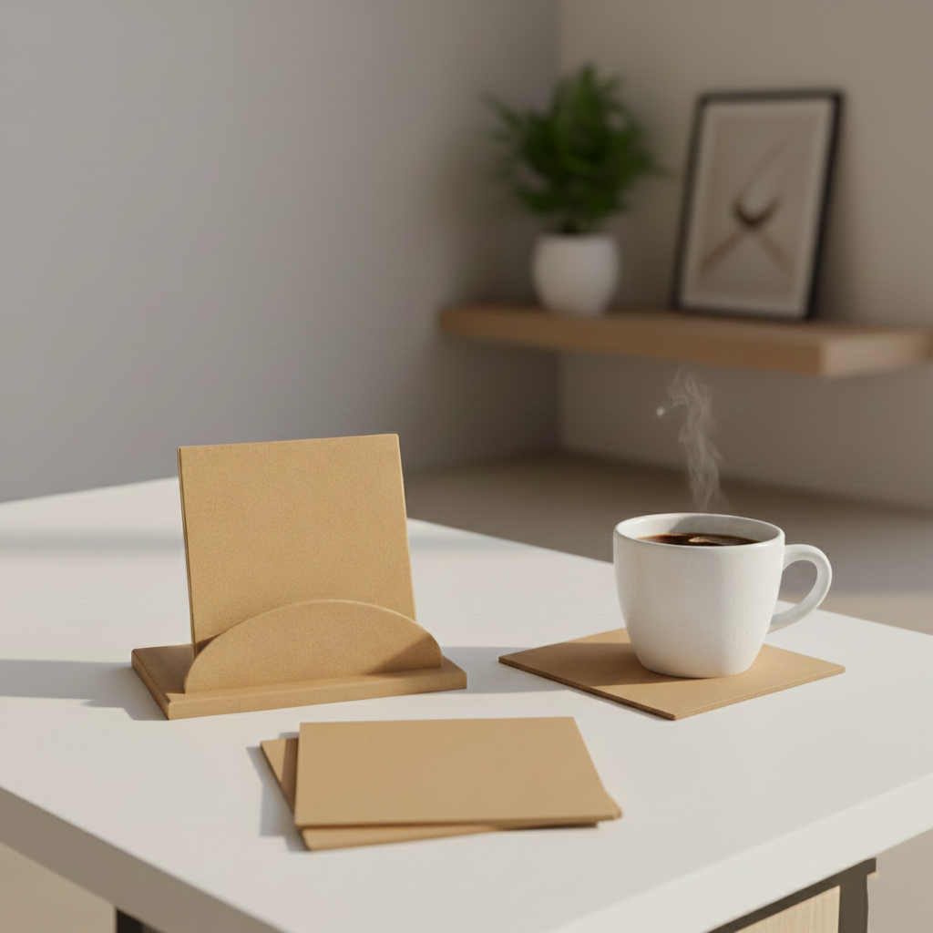 MDF square coaster set with holder stand for DIY decor and craft use show on table 