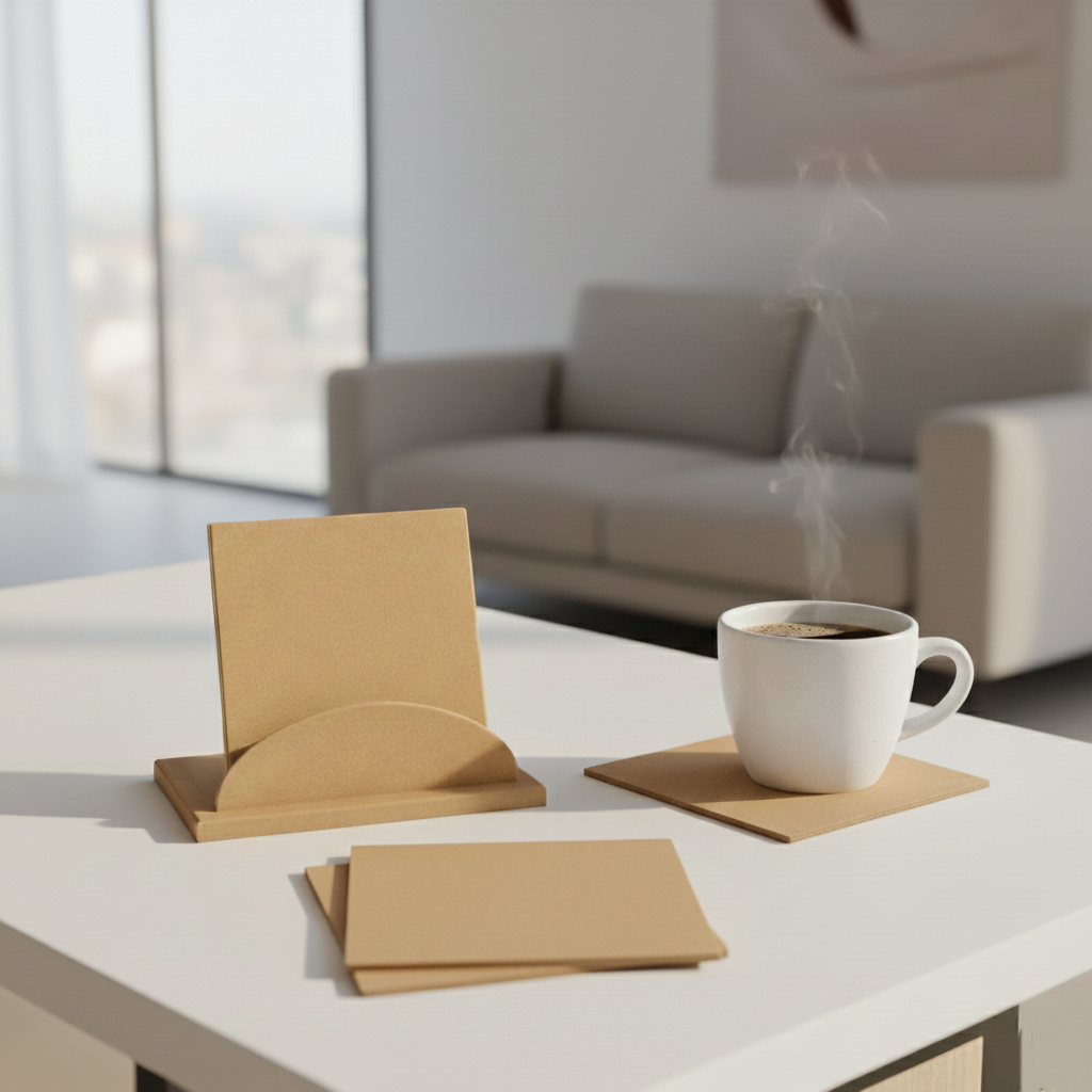 MDF square coaster set with holder stand for DIY decor and craft use show on table 