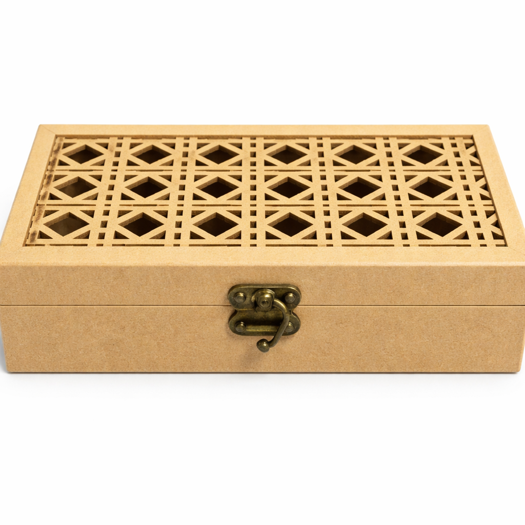 MDF lattice lid storage box with metal clasp for DIY decor and craft use