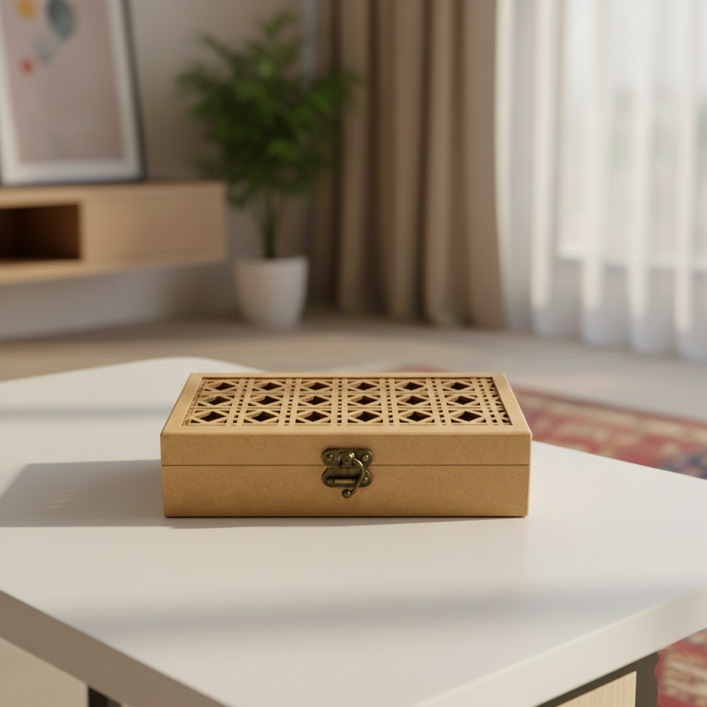 MDF lattice lid storage box with metal clasp for DIY decor and craft use