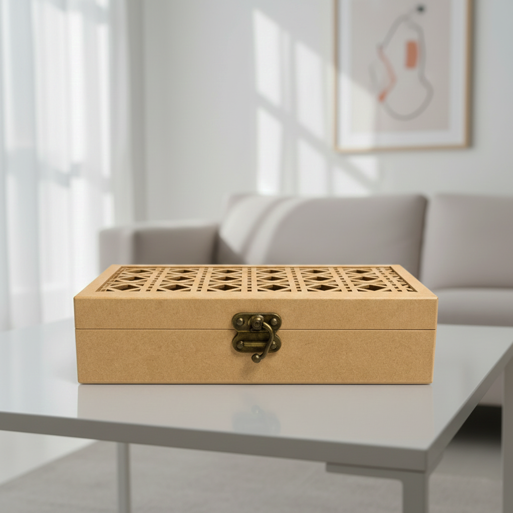 MDF lattice lid storage box with metal clasp for DIY decor and craft use