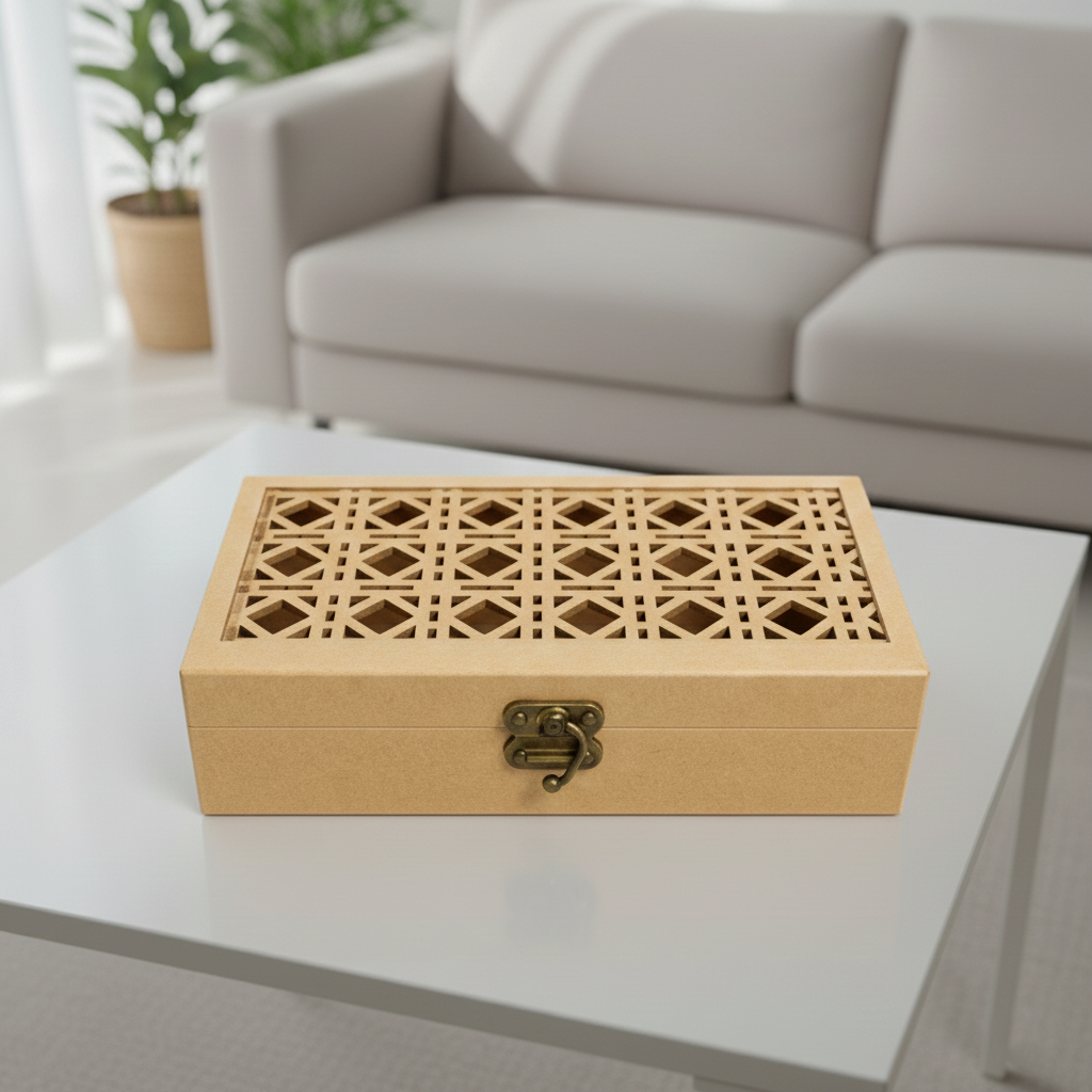 MDF lattice lid storage box with metal clasp for DIY decor and craft use
